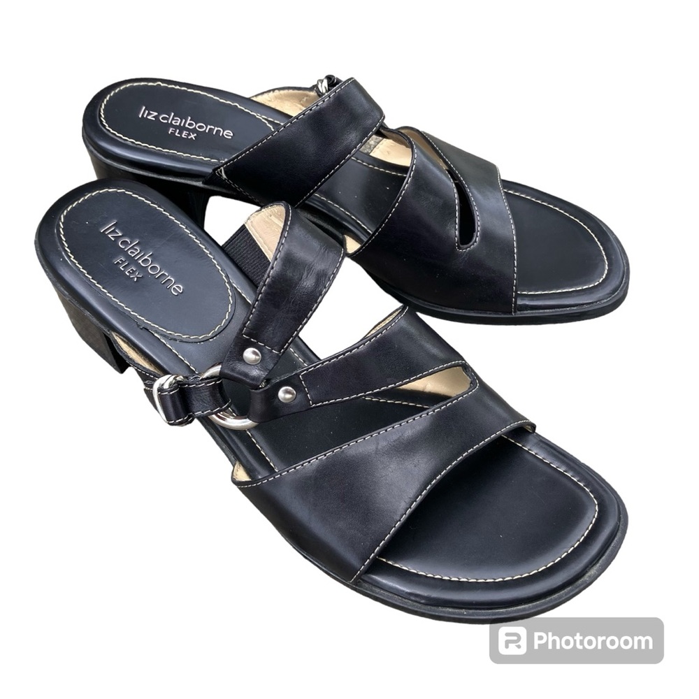 Liz Claiborne Women’s Flex Dress Mule Sandals Block Heels Black 8 1/2 M